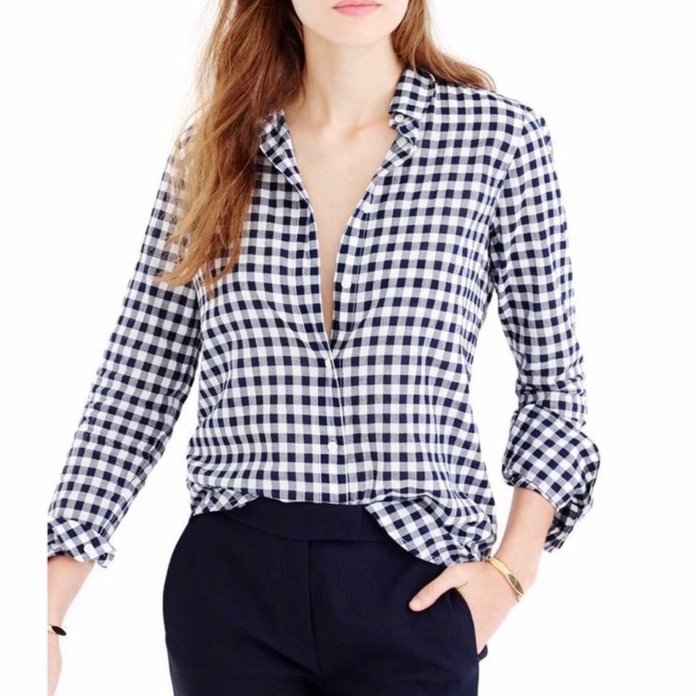 J. Crew Navy and White Gingham Button-Down Shirt